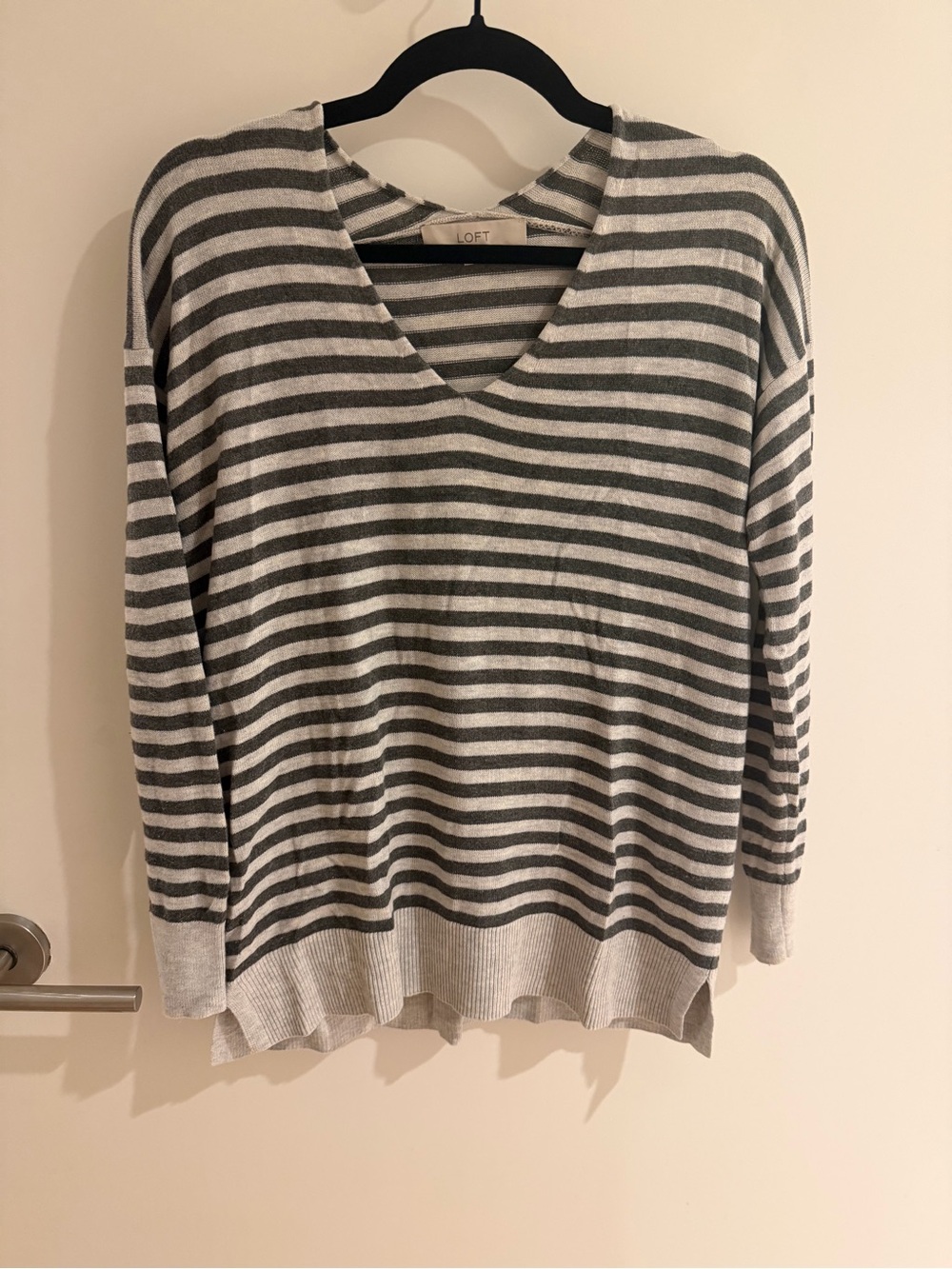 LOFT Striped V-Neck Sweater in Gray and Cream